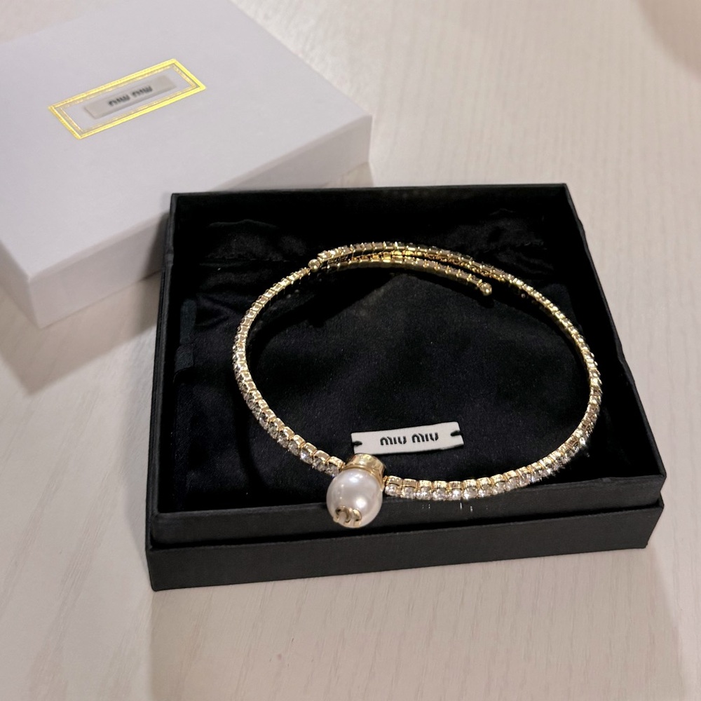 Miu Miu Gold Tone Crystal & Pearl Logo Choker